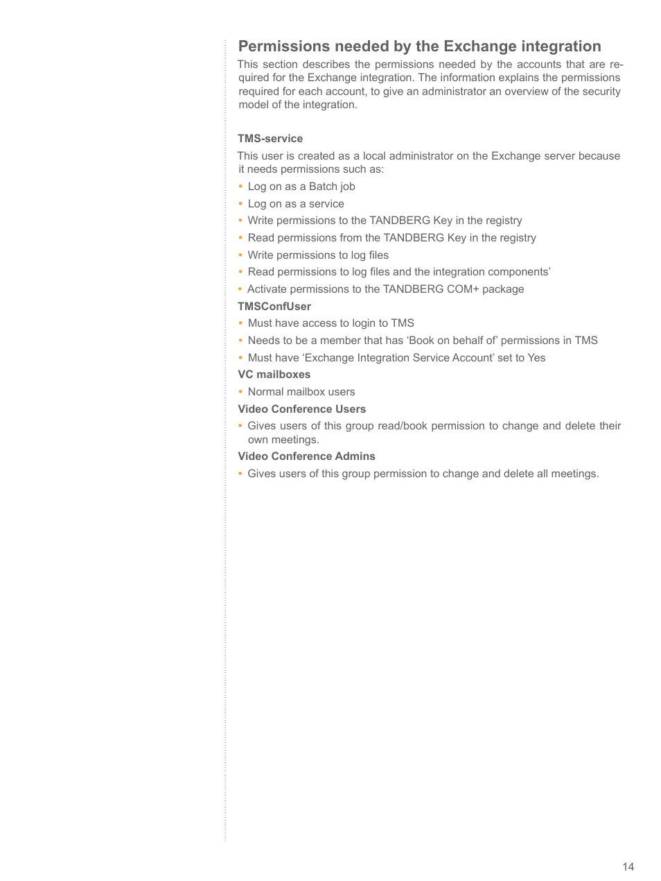 Permissions needed by the exchange integration | TANDBERG V 11.8 User Manual | Page 14 / 39