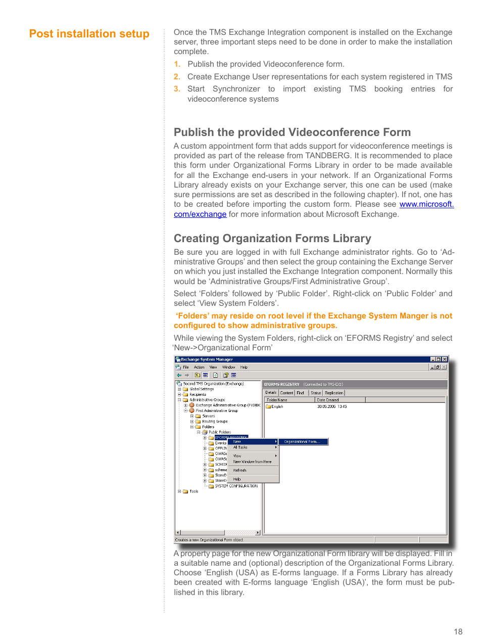 Post installation setup, Publish the provided videoconference form, Creating organization forms library | TANDBERG V 11.8 User Manual | Page 18 / 39