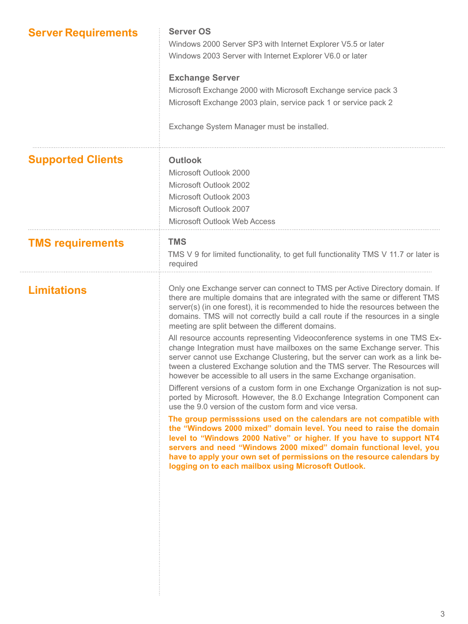 Server requirements, Supported clients, Tms requirements | Limitations, Server requirements 3, Supported clients 3, Tms requirements 3 | TANDBERG V 11.8 User Manual | Page 3 / 39