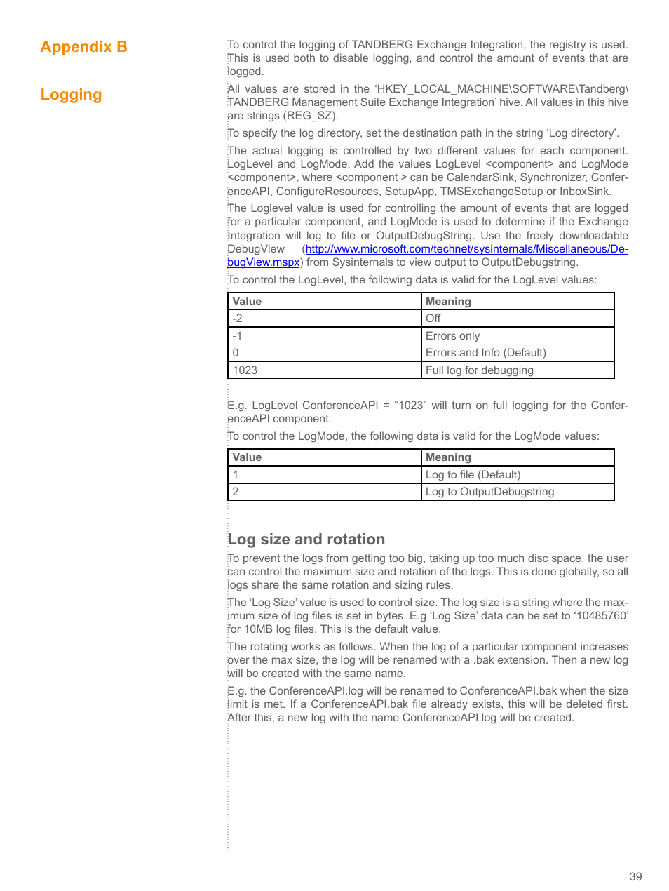 Appendix b, Appendix b - logging, Log size and rotation | Appendix b logging | TANDBERG V 11.8 User Manual | Page 39 / 39