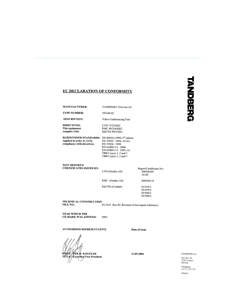 Appendix 14, Declaration of conformity | TANDBERG 7000 MXP User Manual | Page 257 / 268