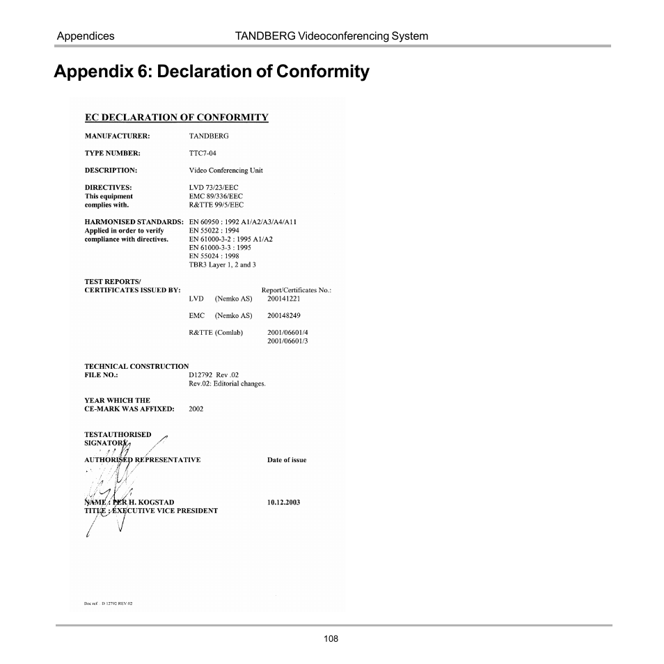 Appendix 6: declaration of conformity | TANDBERG 990 User Manual | Page 108 / 111