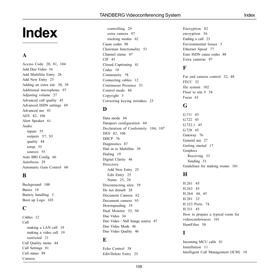 Index | TANDBERG 990 User Manual | Page 109 / 111