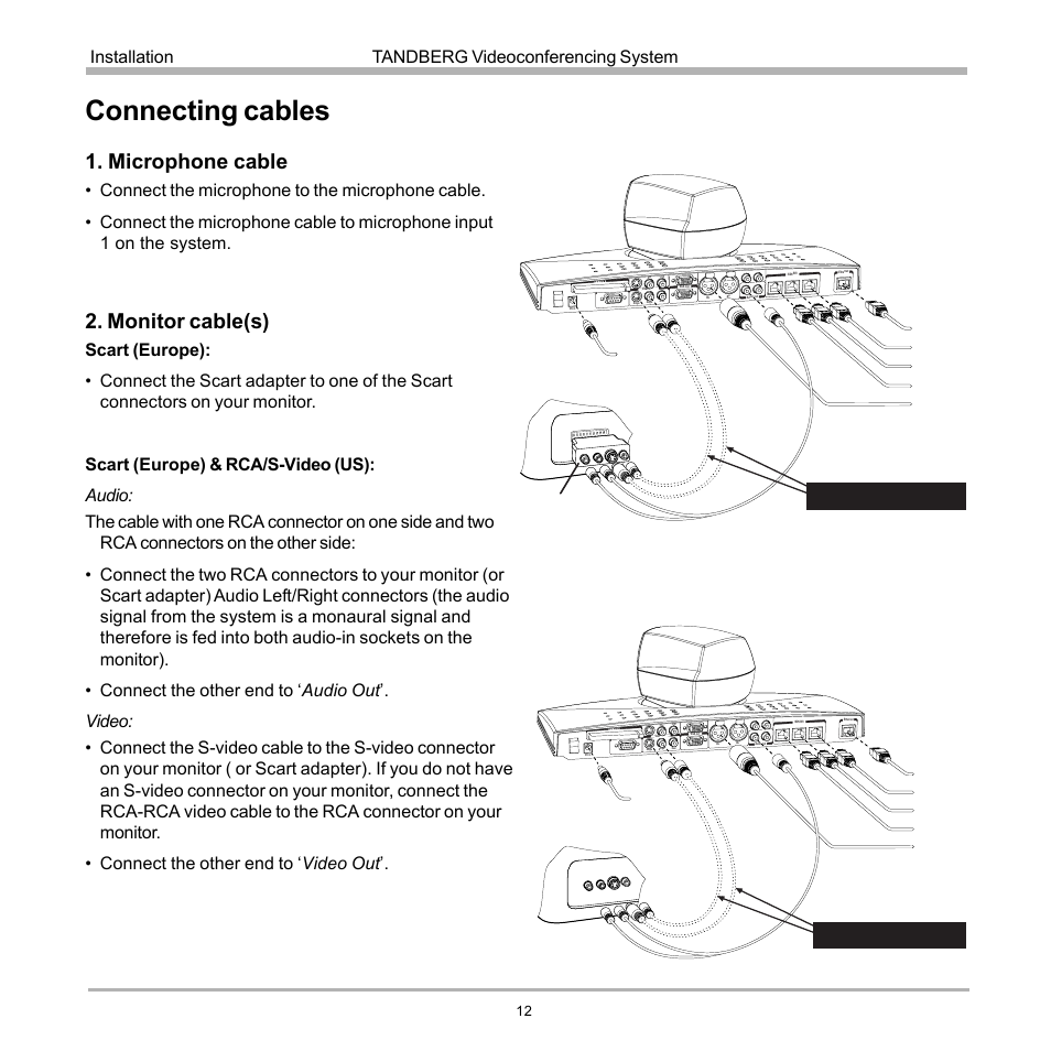 Connecting cables, Connecting with scart, Connecting without scart | Microphone cable, Monitor cable(s), Tandberg videoconferencing system installation, Only 1, not both, Tv/monitor scart converter, Lan power isdn 3 isdn 2 isdn 1 mic, Tv/monitor | TANDBERG 990 User Manual | Page 12 / 111