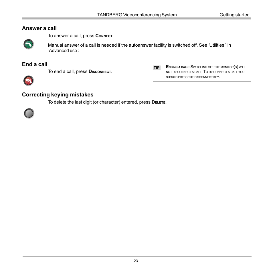 Answer a call, End a call, Correcting keying mistakes | TANDBERG 990 User Manual | Page 23 / 111