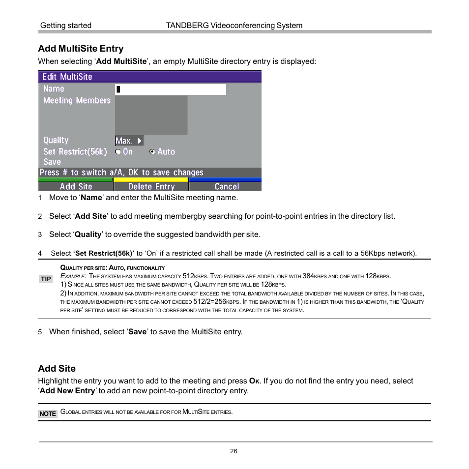 Add multisite entry, Add site, Tandberg videoconferencing system getting started | TANDBERG 990 User Manual | Page 26 / 111