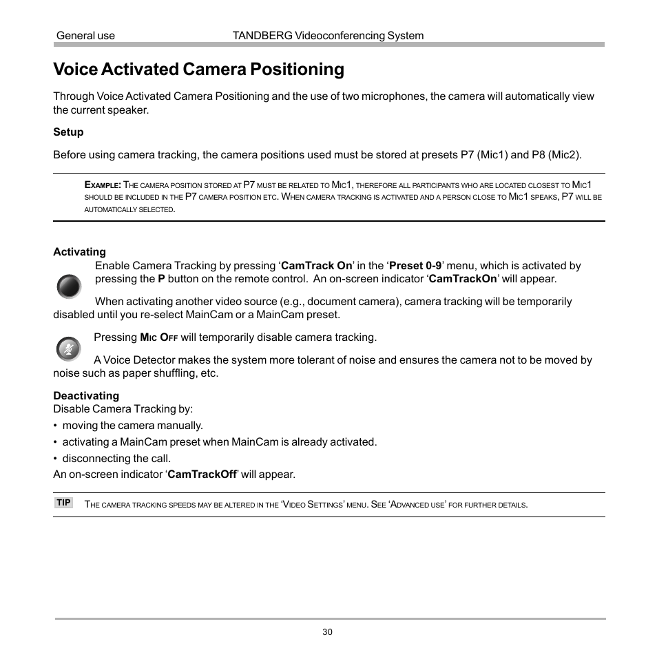 Voice activated camera positioning | TANDBERG 990 User Manual | Page 30 / 111