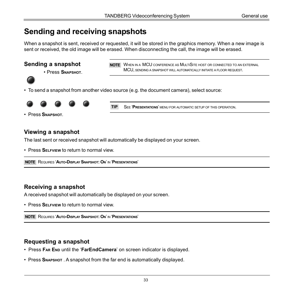 Sending and receiving snapshots, Sending a snapshot, Viewing a snapshot | Receiving a snapshot, Requesting a snapshot | TANDBERG 990 User Manual | Page 33 / 111