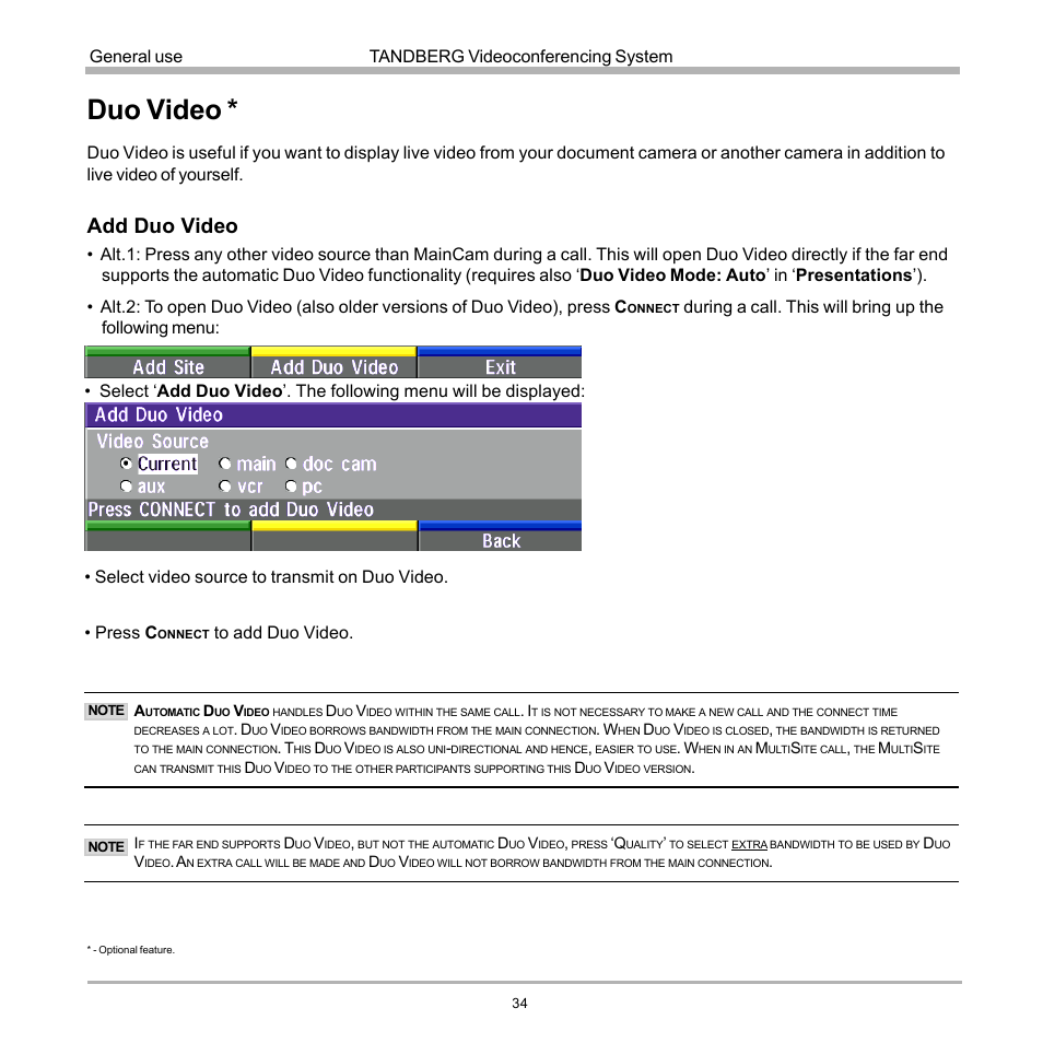 Duo video, Add duo video, Tandberg videoconferencing system general use | TANDBERG 990 User Manual | Page 34 / 111