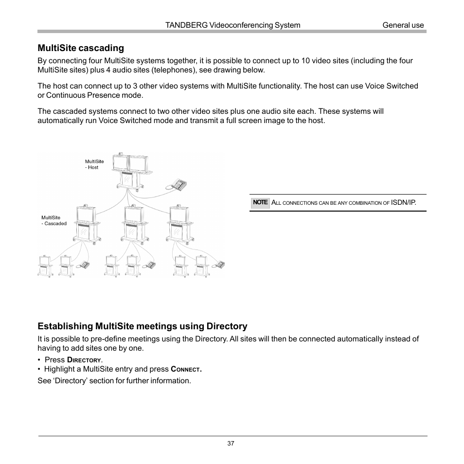 Multisite cascading, Establishing multisite meetings using directory | TANDBERG 990 User Manual | Page 37 / 111