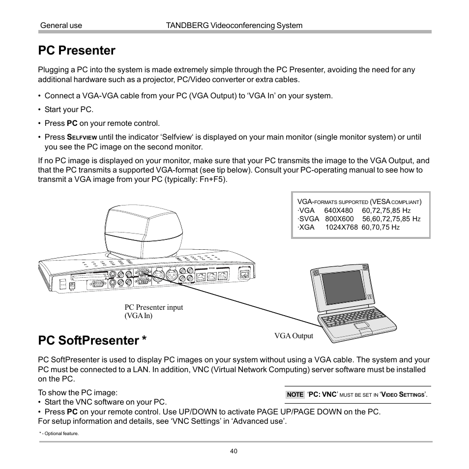 Pc presenter, Pc softpresenter, Tandberg videoconferencing system general use | Pc: vnc, Vesa | TANDBERG 990 User Manual | Page 40 / 111