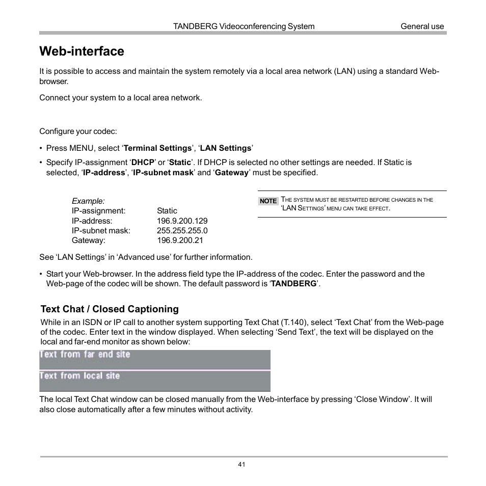 Web-interface, Text chat / closed captioning | TANDBERG 990 User Manual | Page 41 / 111