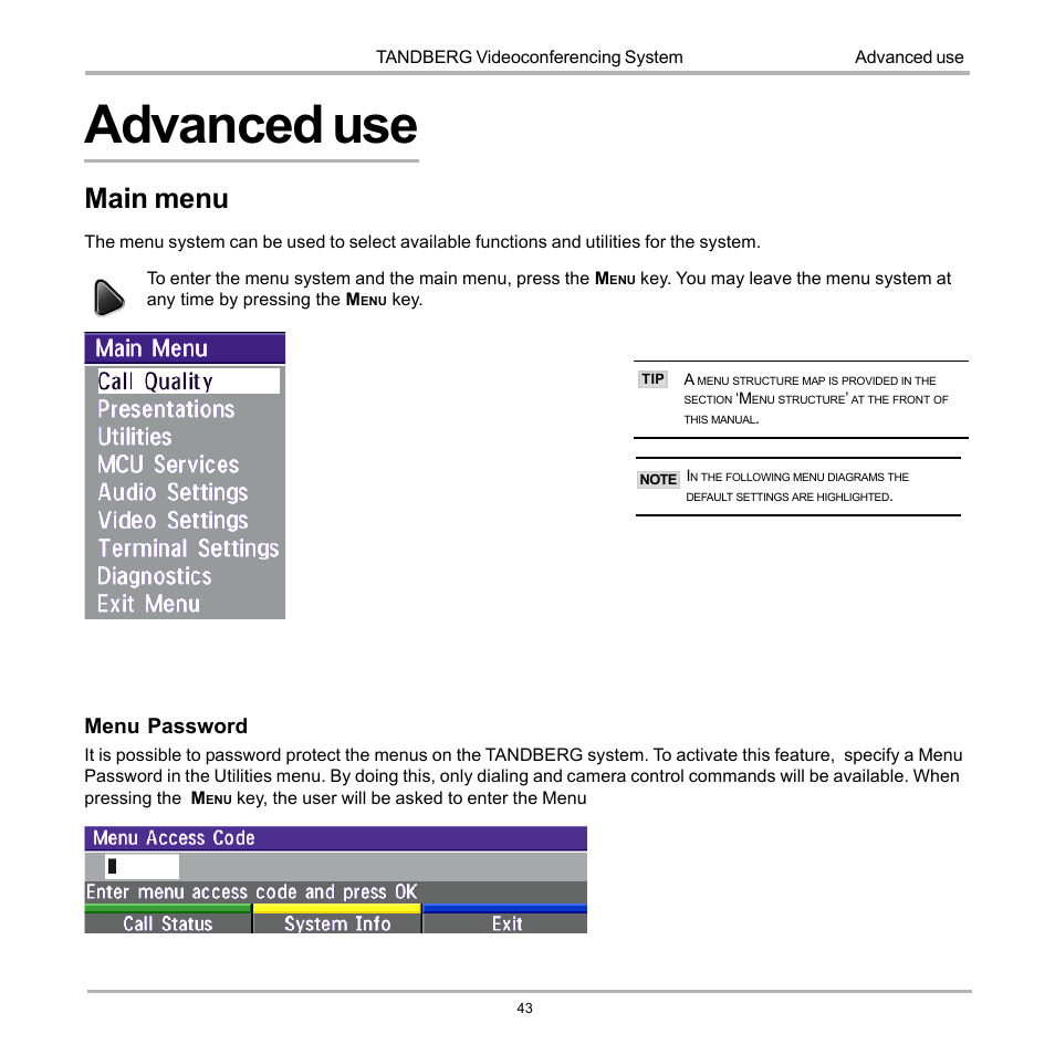 Advanced use, Main menu, Menu password | TANDBERG 990 User Manual | Page 43 / 111