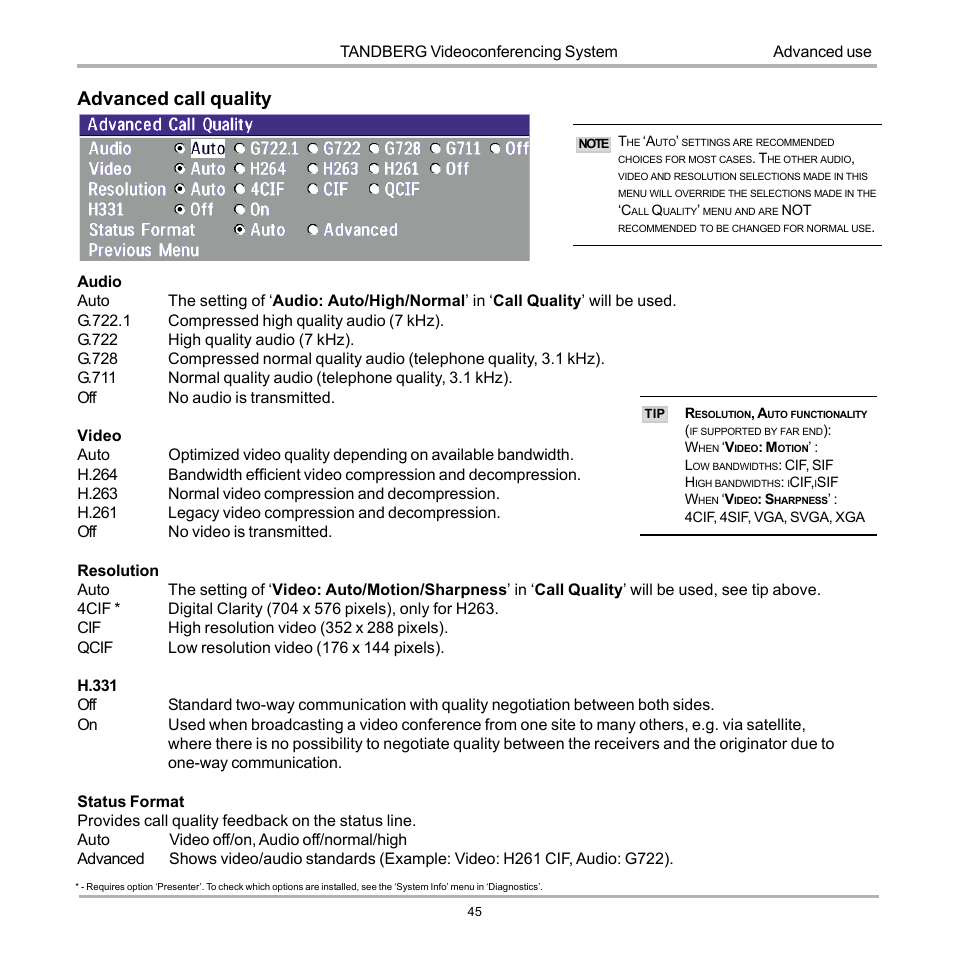 Advanced call quality | TANDBERG 990 User Manual | Page 45 / 111