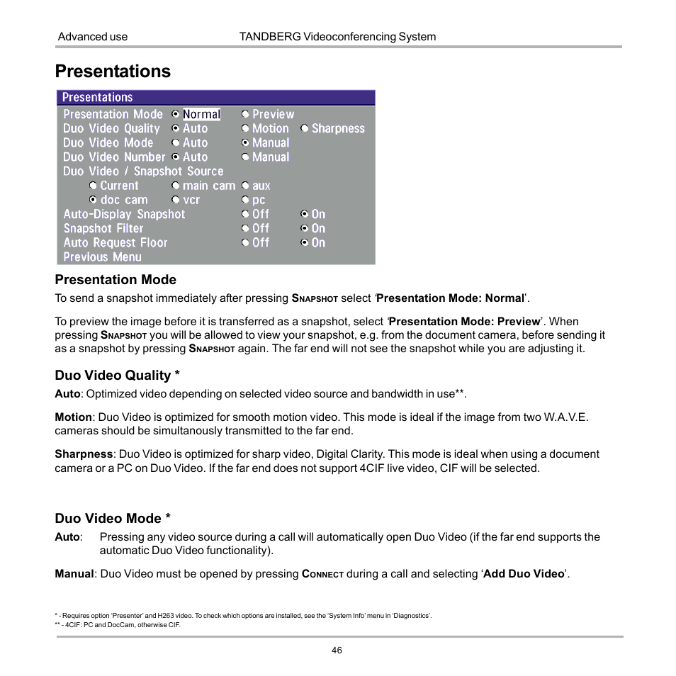 Presentations, Presentation mode, Duo video quality | Duo video mode | TANDBERG 990 User Manual | Page 46 / 111