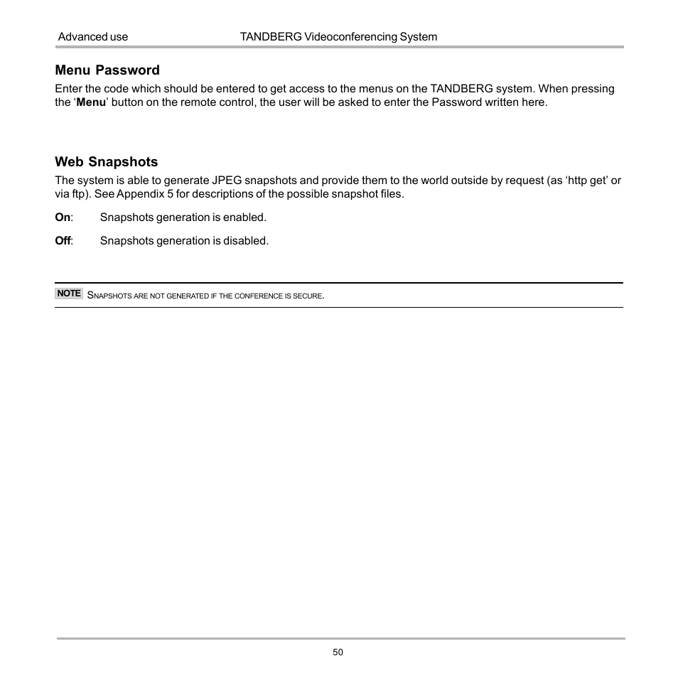 Menu password, Web snapshots | TANDBERG 990 User Manual | Page 50 / 111