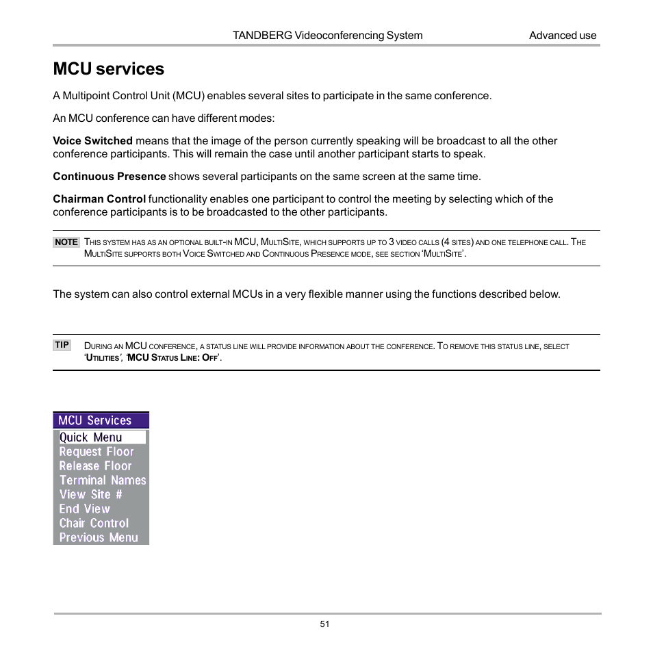 Mcu services, Tandberg videoconferencing system, Advanced use | TANDBERG 990 User Manual | Page 51 / 111