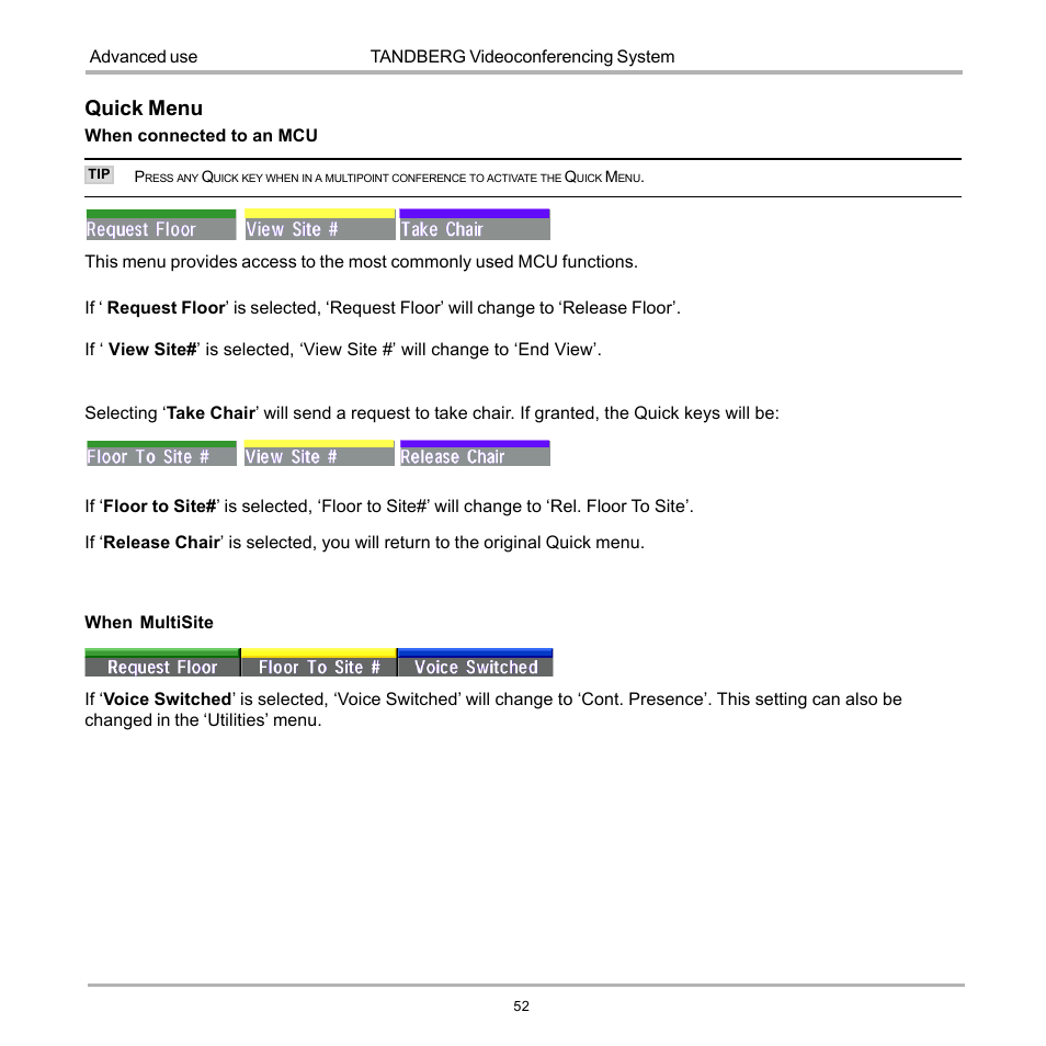 Quick menu | TANDBERG 990 User Manual | Page 52 / 111