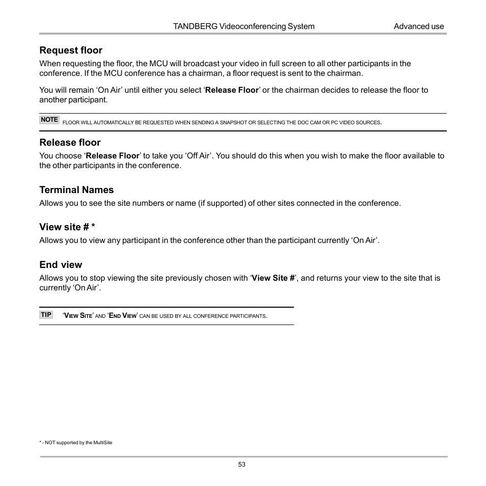 Request floor, Release floor, Terminal names | View site, End view | TANDBERG 990 User Manual | Page 53 / 111