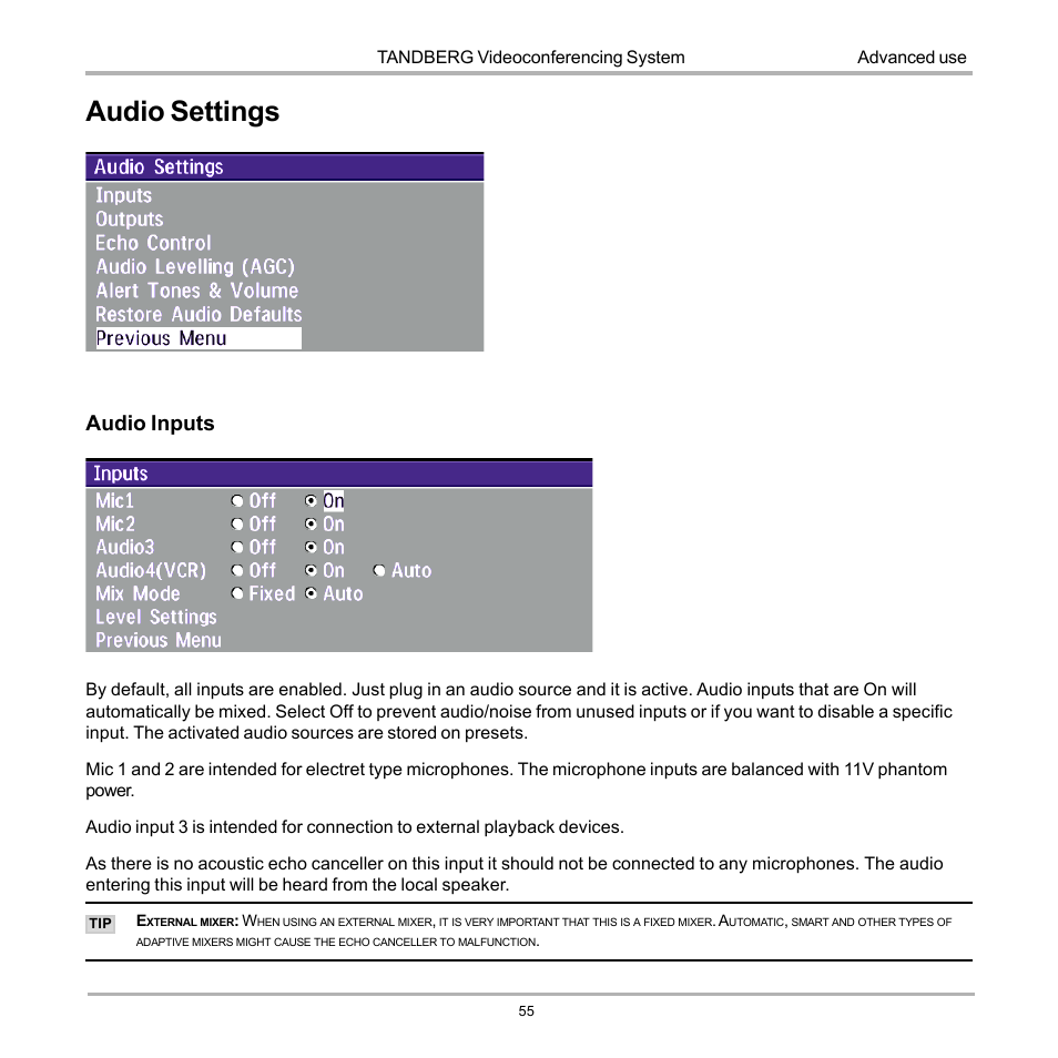 Audio settings, Audio inputs | TANDBERG 990 User Manual | Page 55 / 111