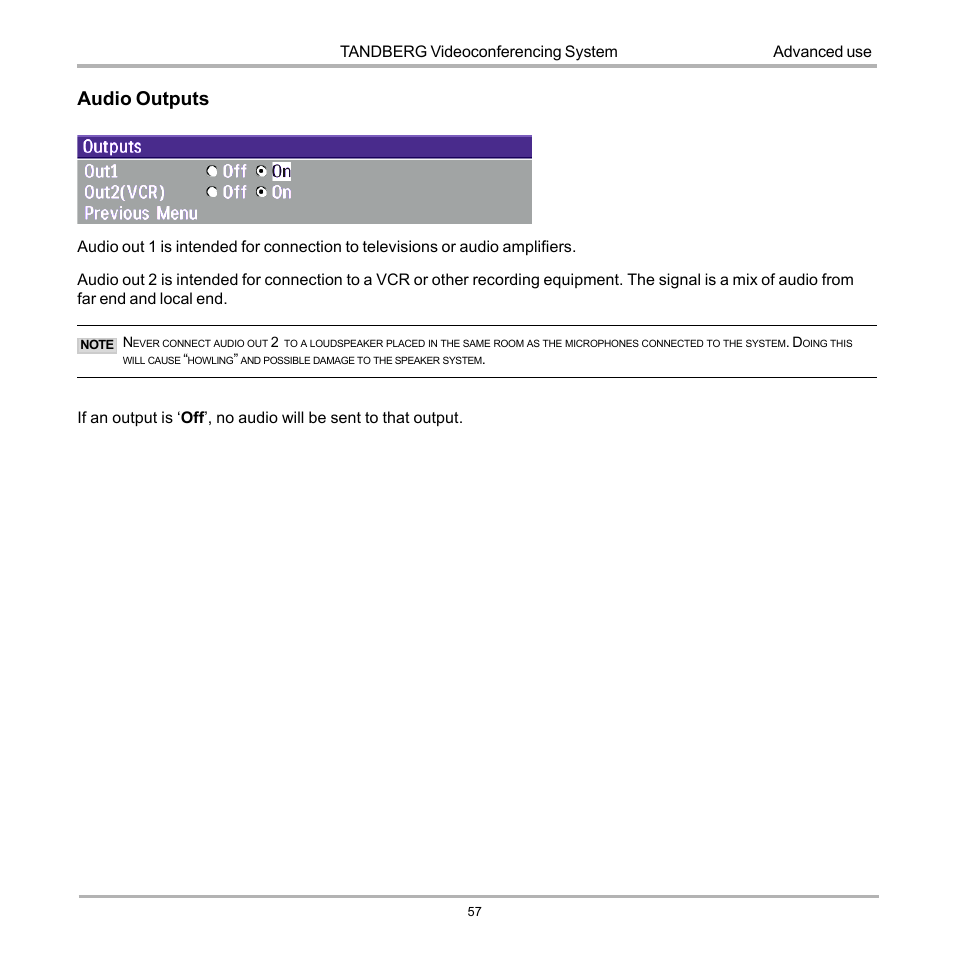 Audio outputs, Tandberg videoconferencing system, Advanced use | TANDBERG 990 User Manual | Page 57 / 111