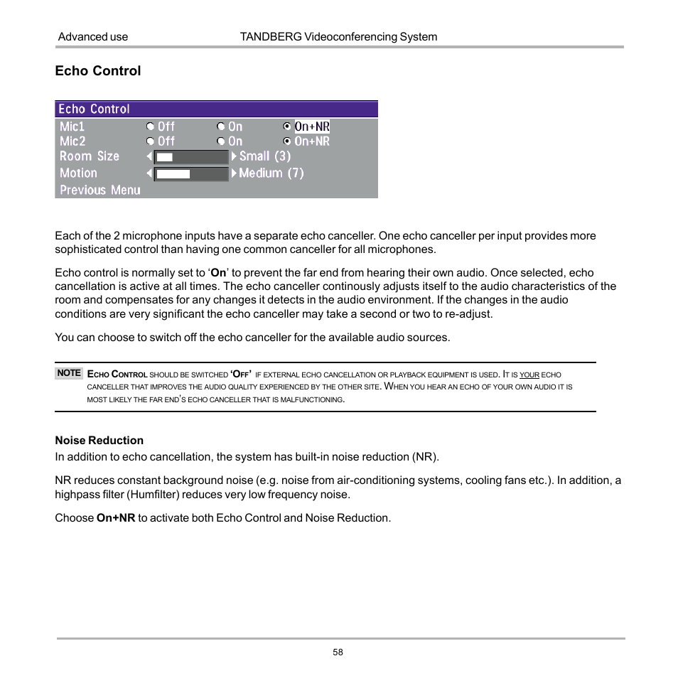 Echo control, Tandberg videoconferencing system advanced use | TANDBERG 990 User Manual | Page 58 / 111