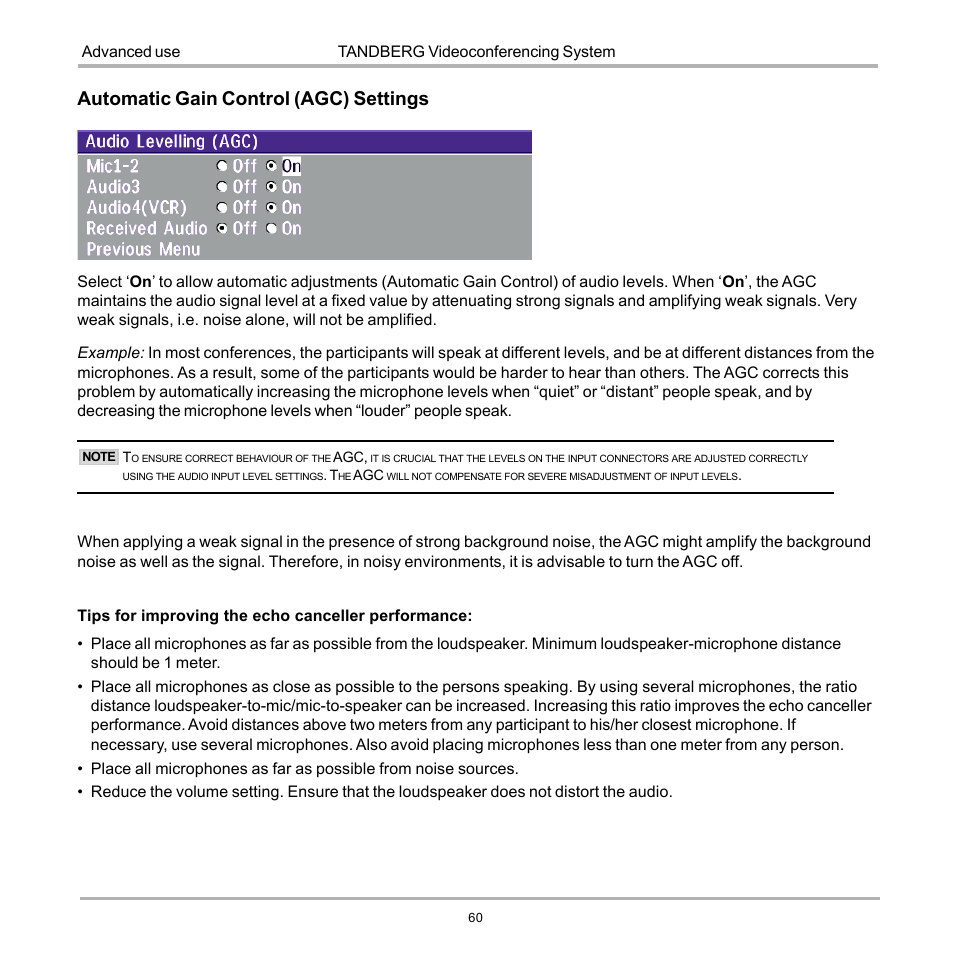 Automatic gain control (agc) settings | TANDBERG 990 User Manual | Page 60 / 111