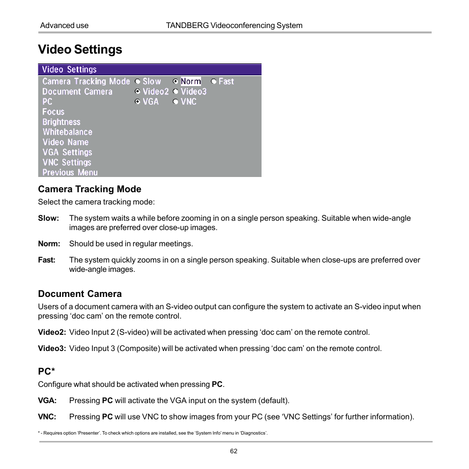 Video settings | TANDBERG 990 User Manual | Page 62 / 111