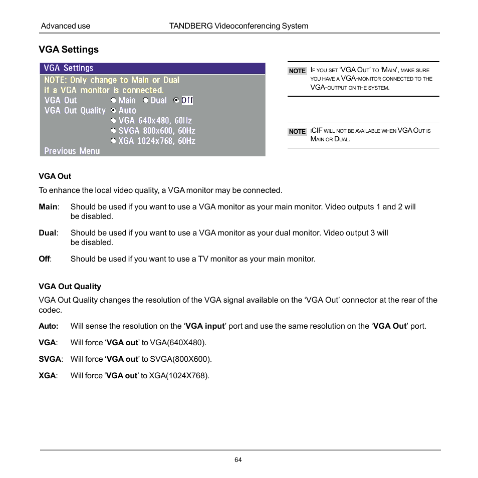 Vga settings | TANDBERG 990 User Manual | Page 64 / 111