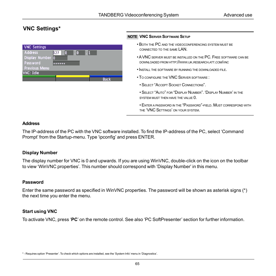 Vnc settings, Tandberg videoconferencing system | TANDBERG 990 User Manual | Page 65 / 111