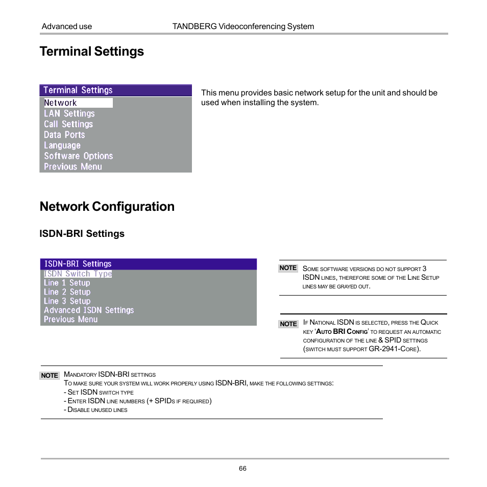 Terminal settings, Network configuration, Isdn-bri settings | Tandberg videoconferencing system advanced use | TANDBERG 990 User Manual | Page 66 / 111