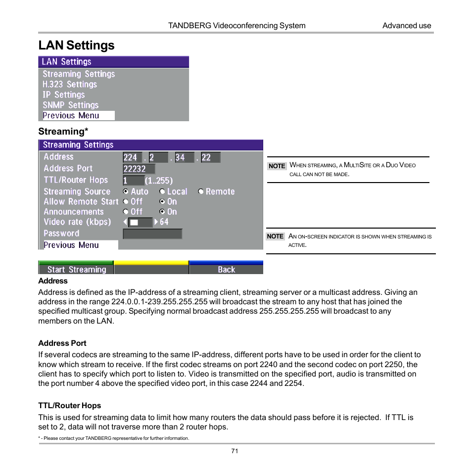 Lan settings, Streaming | TANDBERG 990 User Manual | Page 71 / 111