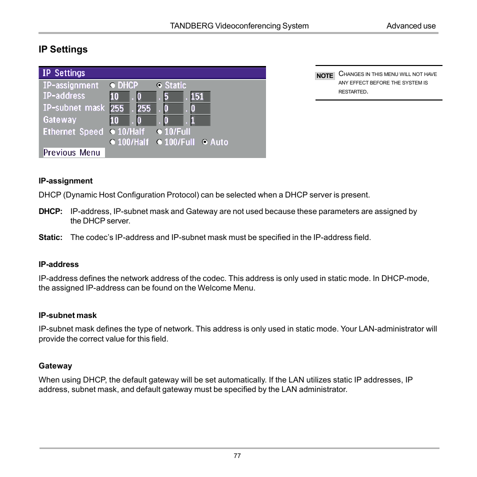 Ip settings | TANDBERG 990 User Manual | Page 77 / 111