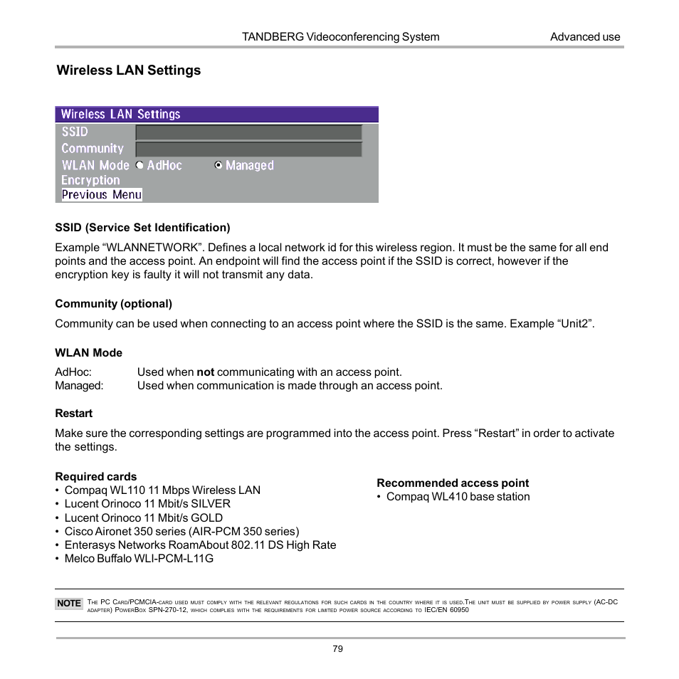 Wireless lan settings, Tandberg videoconferencing system, Advanced use | TANDBERG 990 User Manual | Page 79 / 111