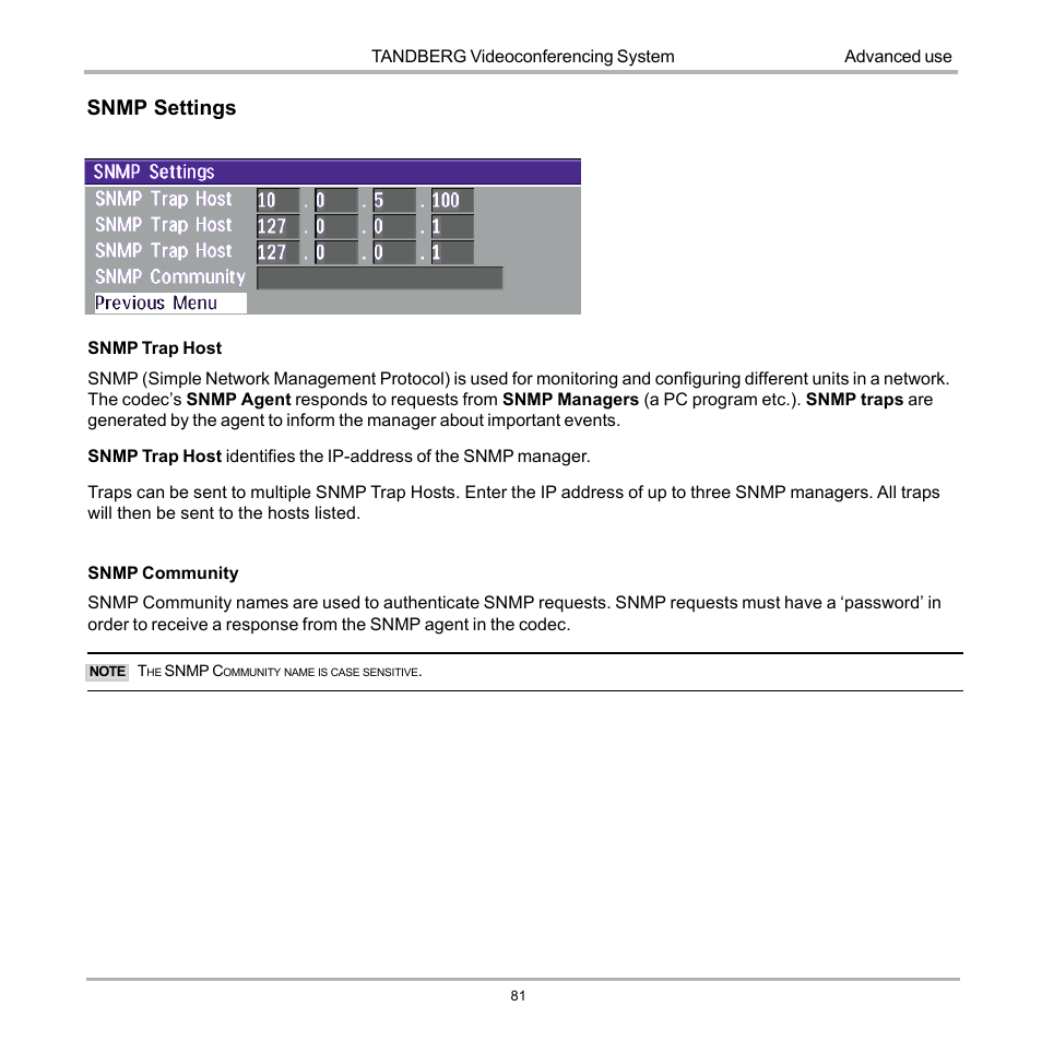 Snmp settings | TANDBERG 990 User Manual | Page 81 / 111