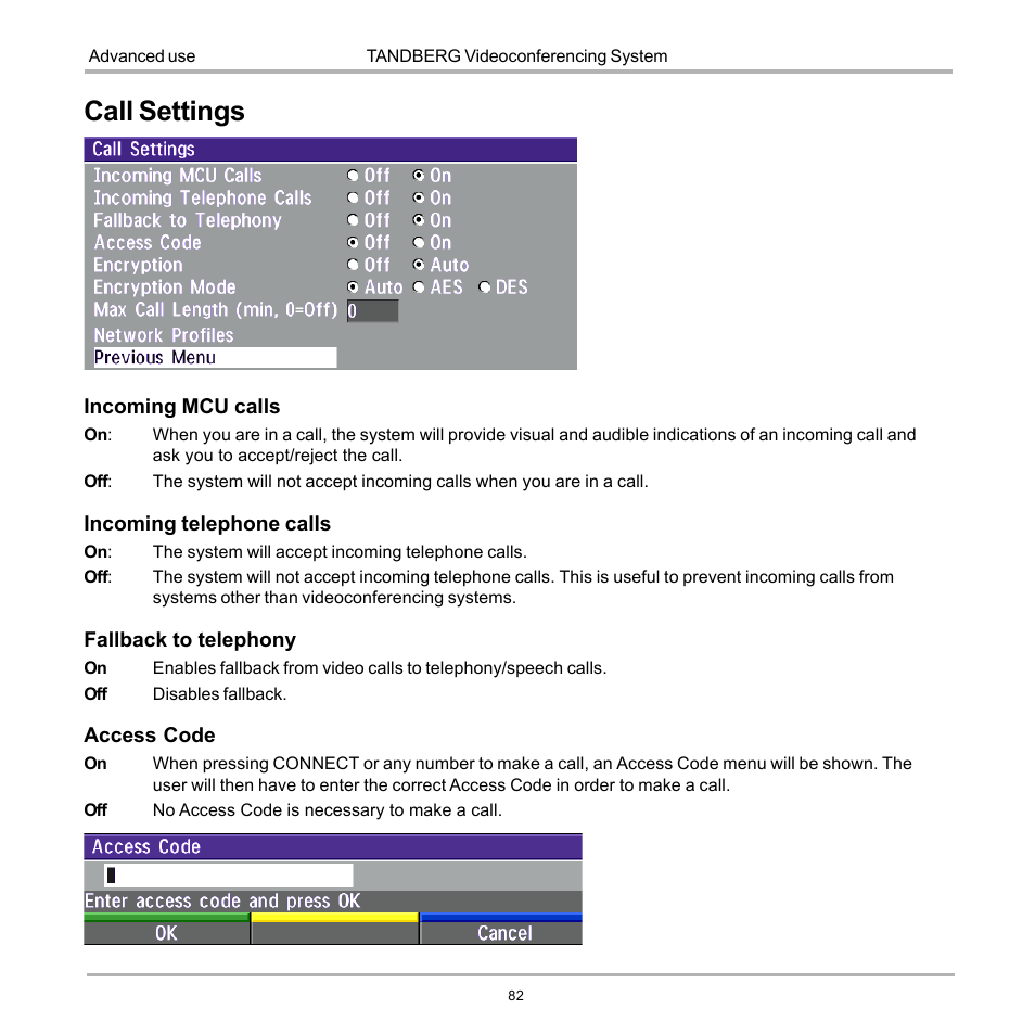 Call settings | TANDBERG 990 User Manual | Page 82 / 111