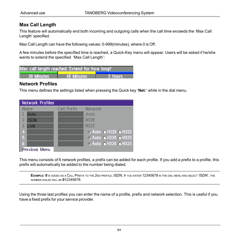 Network profiles, Max call length | TANDBERG 990 User Manual | Page 84 / 111