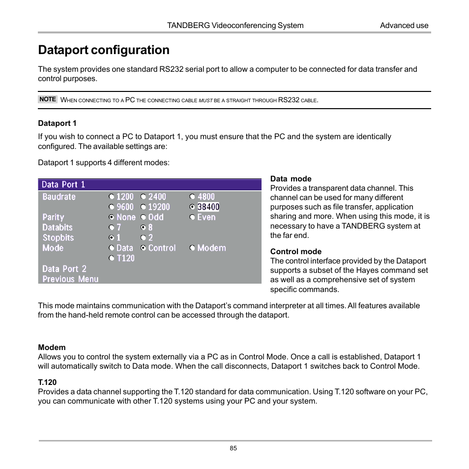 Dataport configuration | TANDBERG 990 User Manual | Page 85 / 111