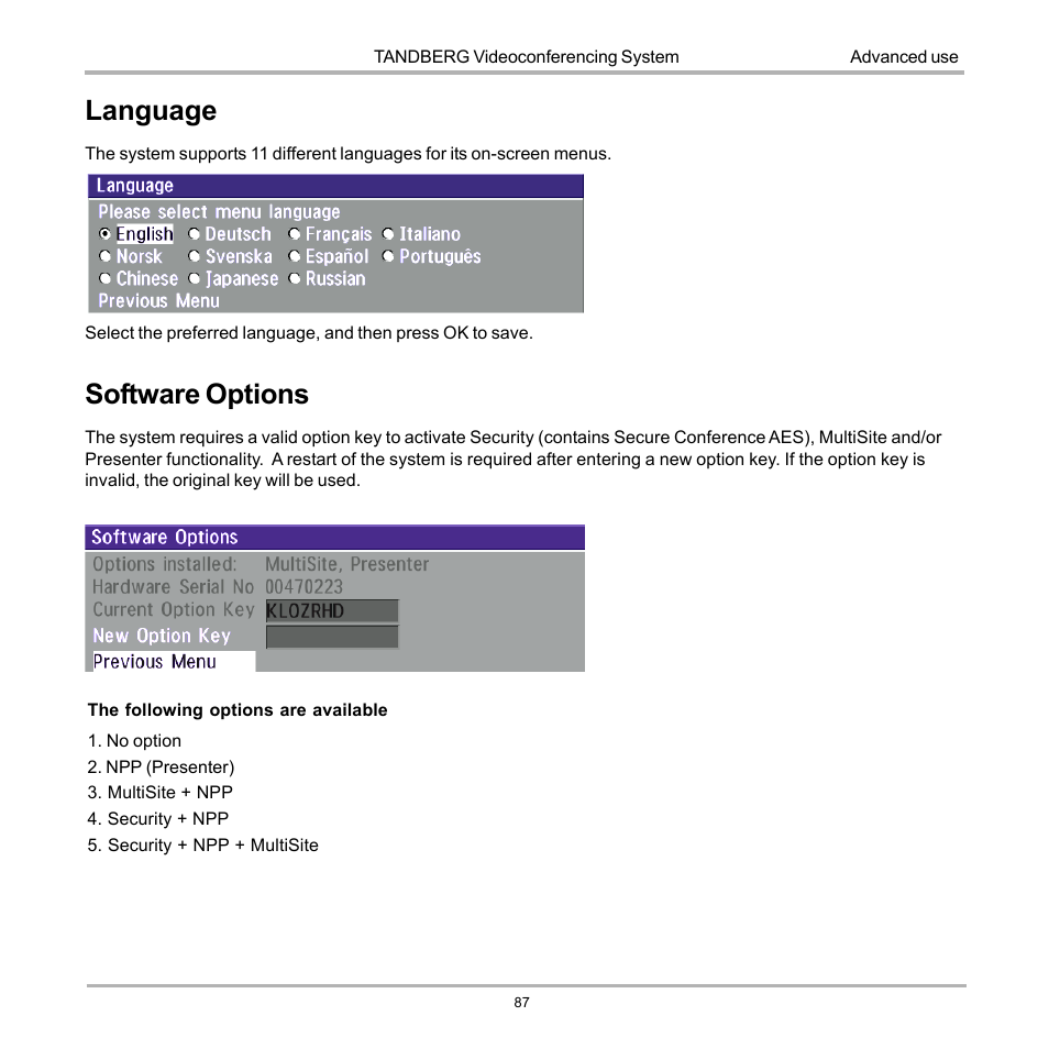 Software options, Language | TANDBERG 990 User Manual | Page 87 / 111