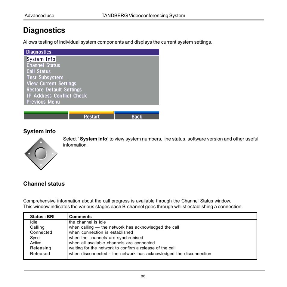 Diagnostics, System info, Channel status | TANDBERG 990 User Manual | Page 88 / 111