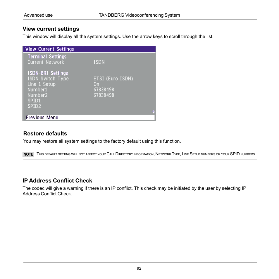 View current settings, Restore defaults, Ip address conflict check | TANDBERG 990 User Manual | Page 92 / 111