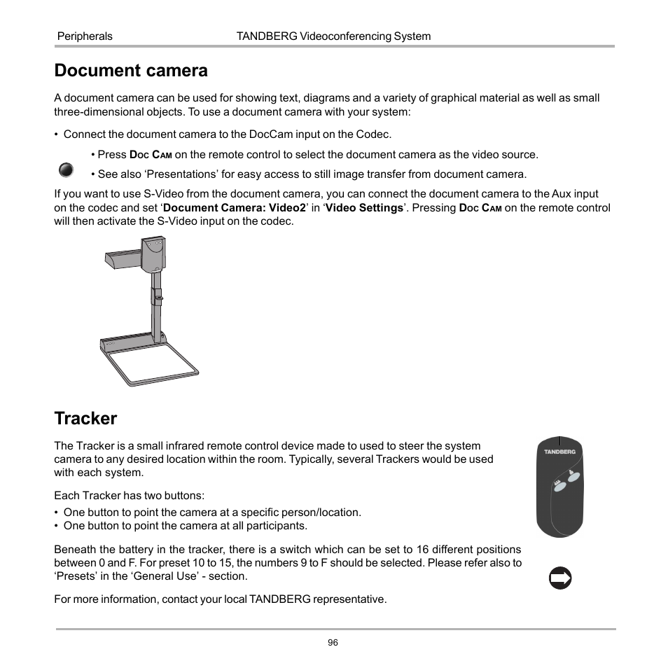 Document camera, Tracker | TANDBERG 990 User Manual | Page 96 / 111