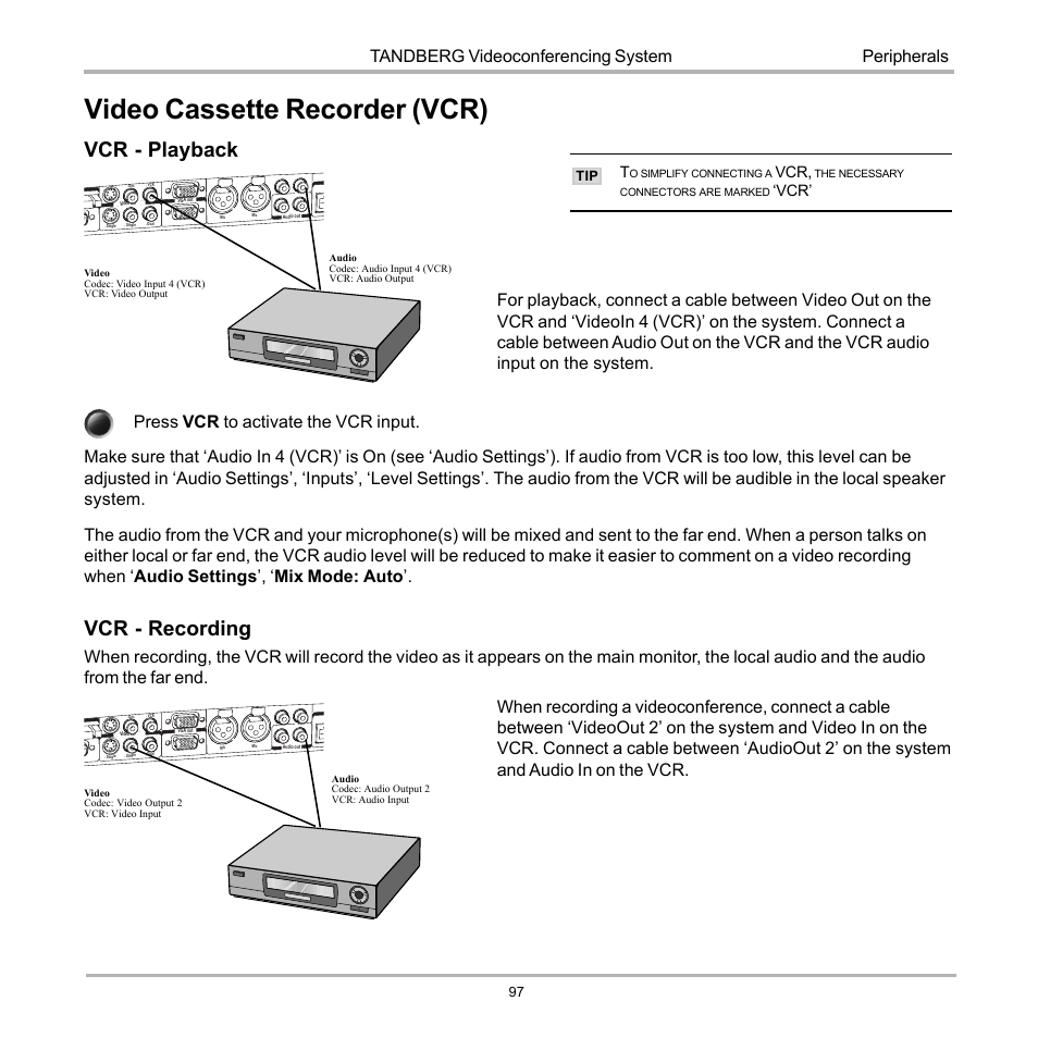 Video cassette recorder (vcr), Vcr - playback, Vcr - recording | Tandberg videoconferencing system, Peripherals | TANDBERG 990 User Manual | Page 97 / 111