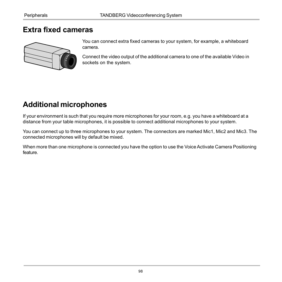 Extra fixed cameras, Additional microphones | TANDBERG 990 User Manual | Page 98 / 111