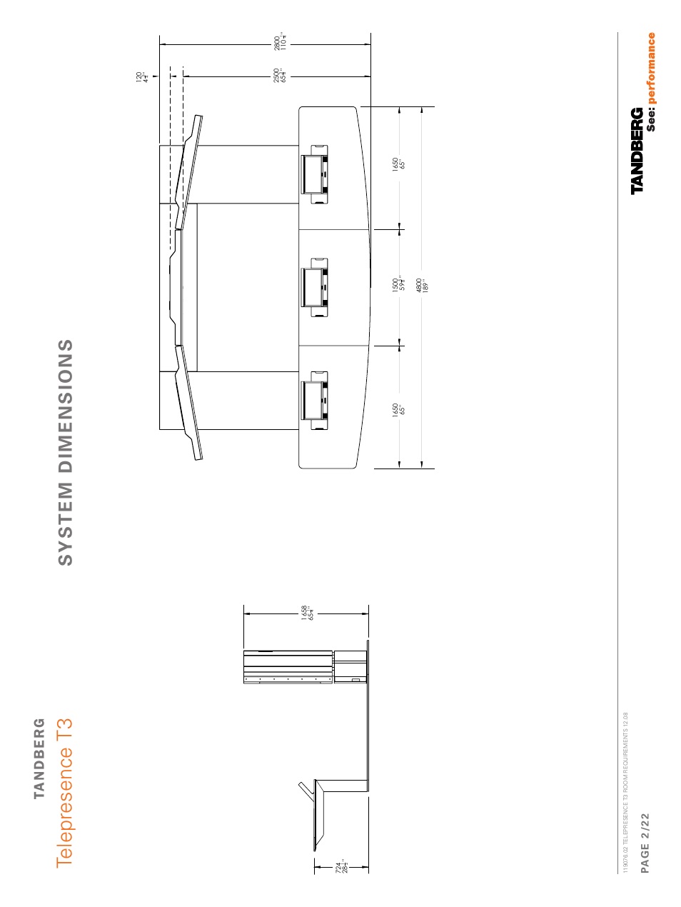 System dimensions, Telepresence t3, T3 sy st em dimensions | TANDBERG Telepresence T3 119076.02 User Manual | Page 2 / 22