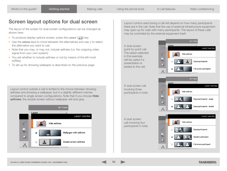 Screen layout options for dual screen | TANDBERG Codec C90 D14306.01 User Manual | Page 10 / 26