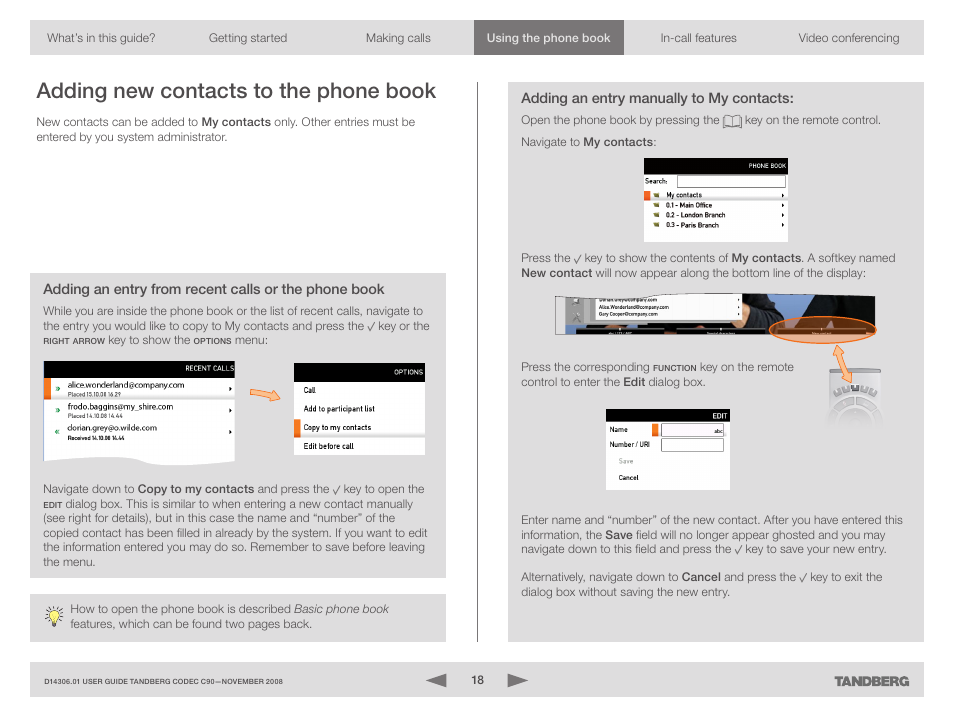 Adding new contacts to the phone book, Adding an entry manually to my contacts | TANDBERG Codec C90 D14306.01 User Manual | Page 18 / 26