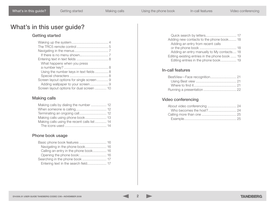 What’s in this user guide | TANDBERG Codec C90 D14306.01 User Manual | Page 2 / 26