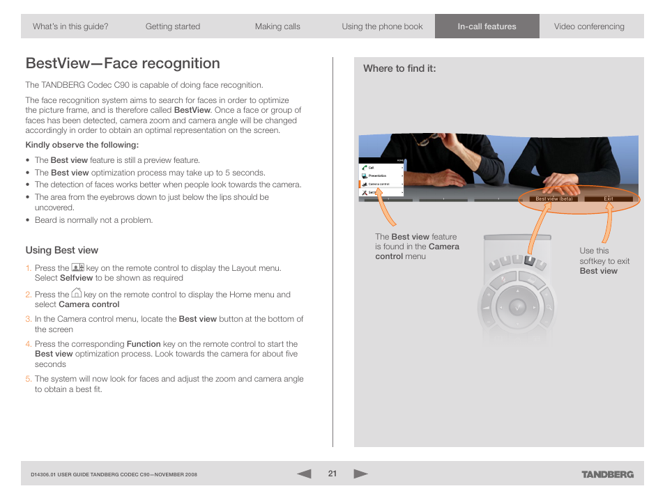 Bestview—face recognition, Using best view, Where to find it | Using best view where to find it | TANDBERG Codec C90 D14306.01 User Manual | Page 21 / 26