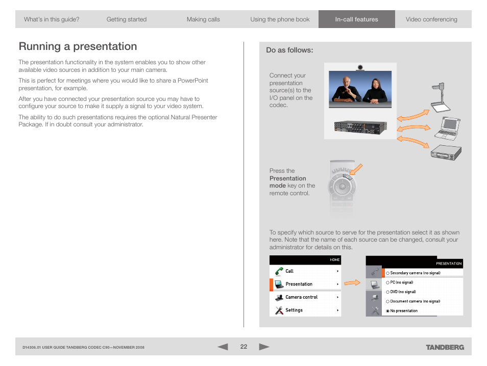 Running a presentation | TANDBERG Codec C90 D14306.01 User Manual | Page 22 / 26